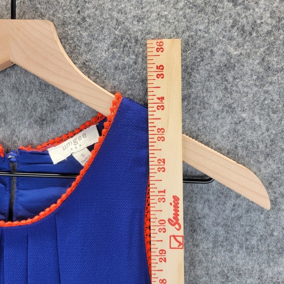 Umgee Dress Womens S Blue Orange Sleeveless Pleated Swing Shift Pom Pom Trim - Picture 12 of 13